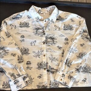 Jake*sWhite and Black Graphic Women’s Cropped button down Shirt size 42/10